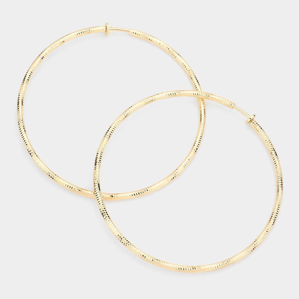 Gold 3.2 Inch Textured Metal Clip On Hoop Earrings - Jewelry Store by Erik Rayo
