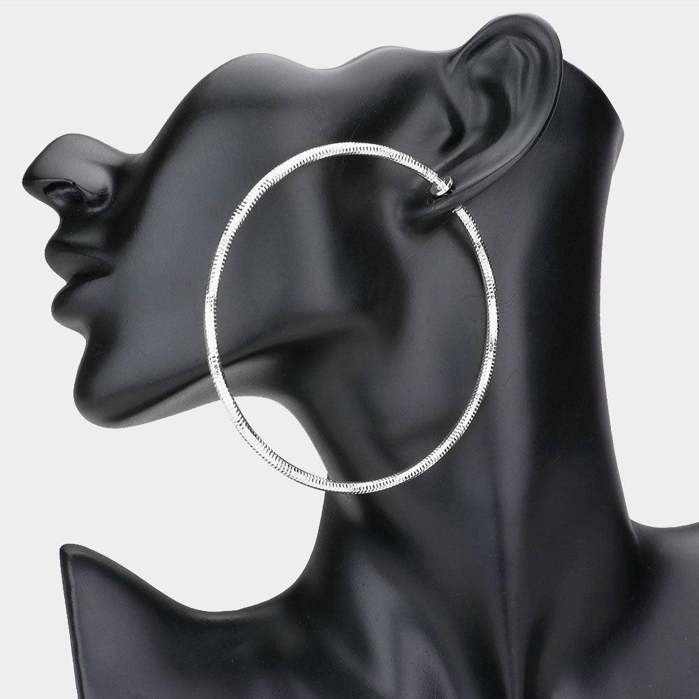 Silver 3.2 Inch Textured Metal Clip On Hoop Earrings - Jewelry Store by Erik Rayo