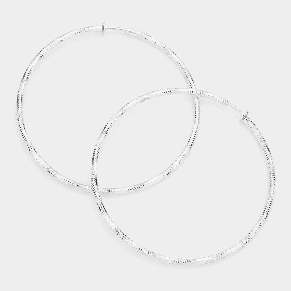 Silver 3.2 Inch Textured Metal Clip On Hoop Earrings - Jewelry Store by Erik Rayo