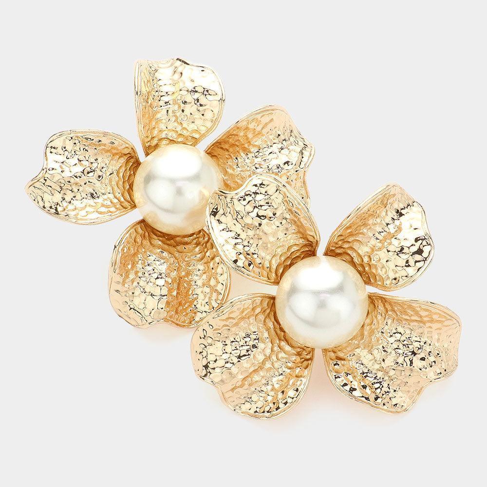 Cream Pearl Pointed Textured Flower Clip On Earrings - Jewelry Store by Erik Rayo