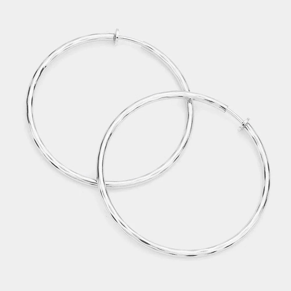 Silver 2.4 Inch Clip On Hoop Earrings - Jewelry Store by Erik Rayo