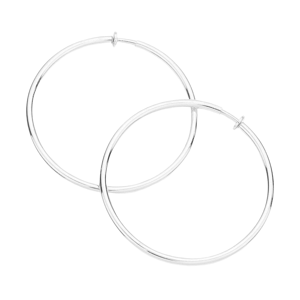 Silver 2.4 Inch Clip On Hoop Earrings