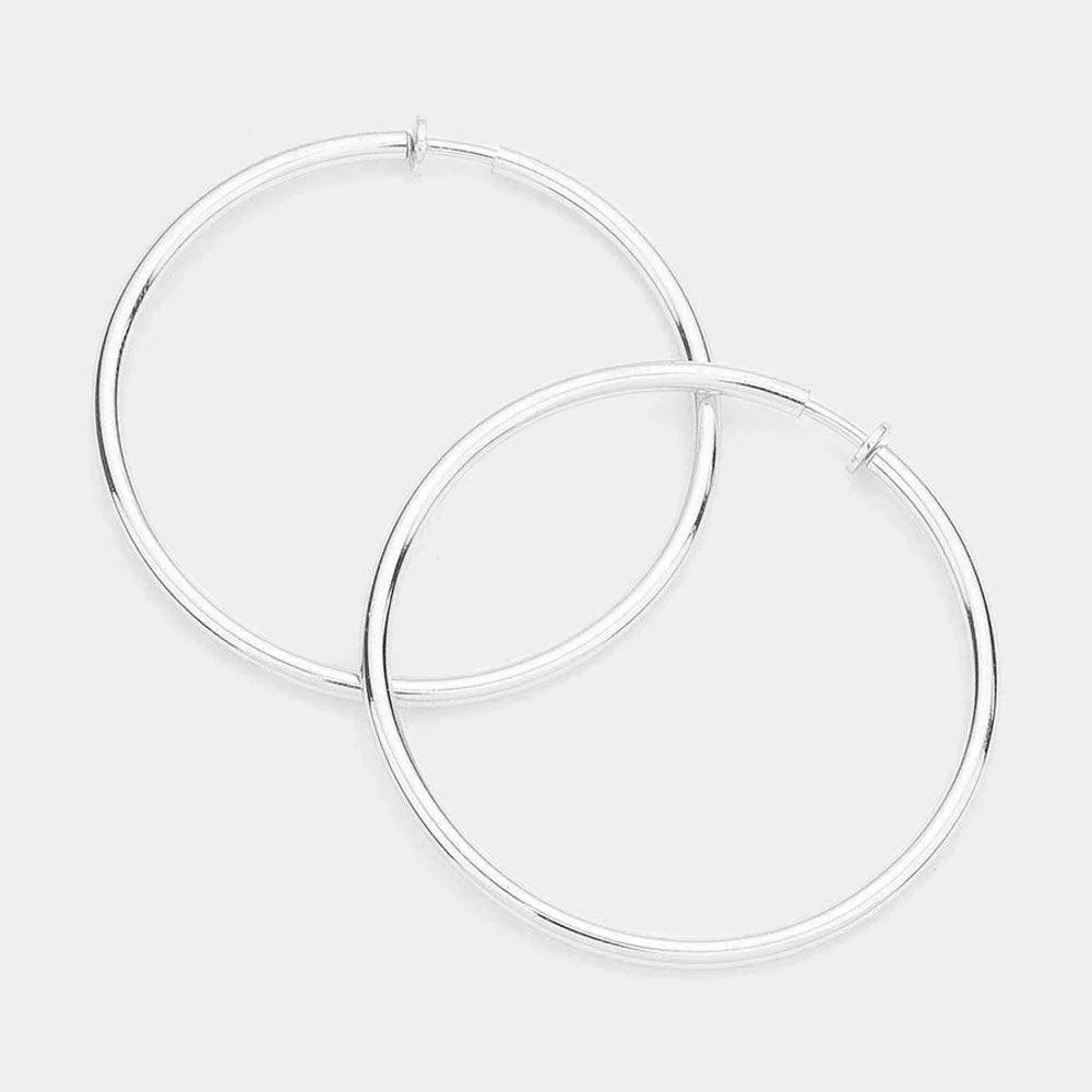 Silver 2.4 Inch Clip On Hoop Earrings - Jewelry Store by Erik Rayo