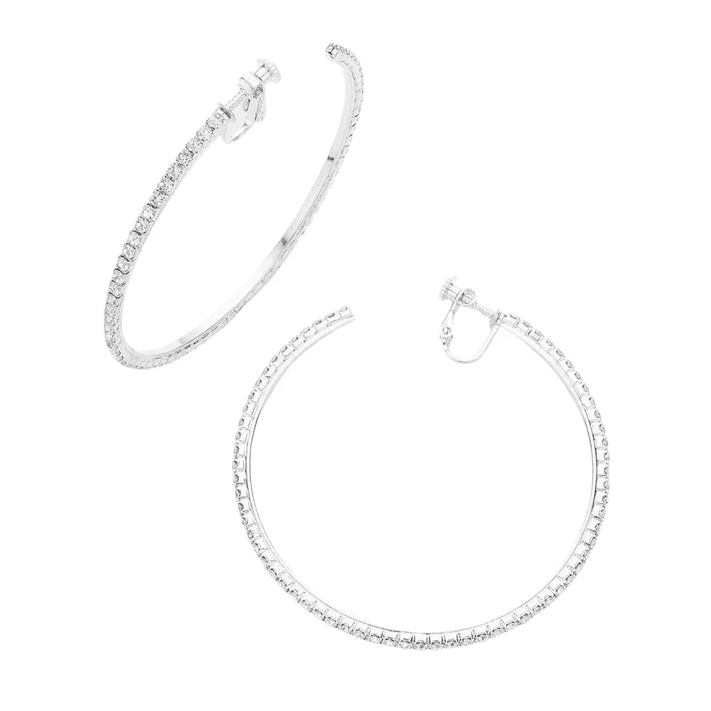 Silver 2.5 inch Rhinestone Hoop Clip on Earrings - Jewelry Store by Erik Rayo