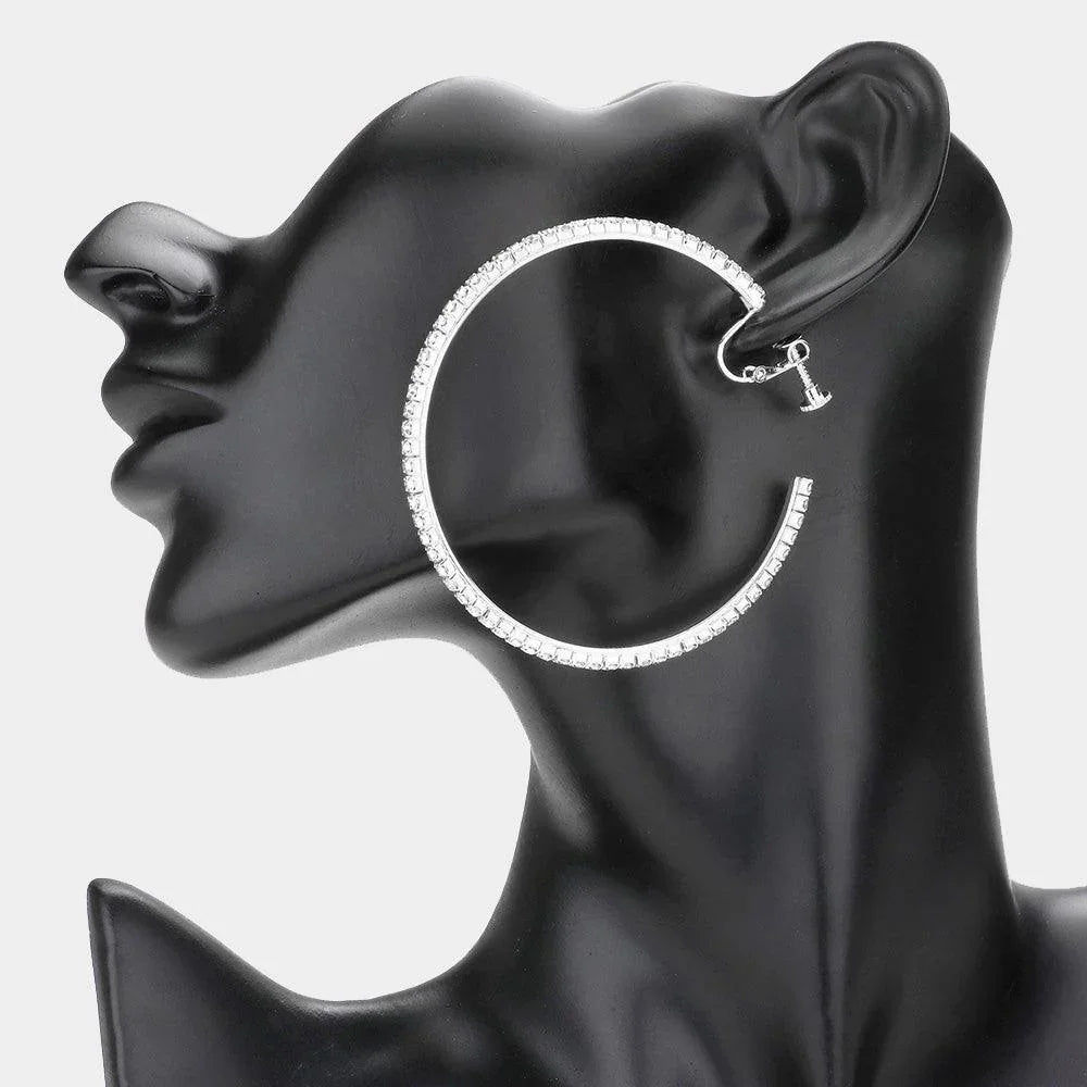 Silver 2.5 inch Rhinestone Hoop Clip on Earrings - Jewelry Store by Erik Rayo