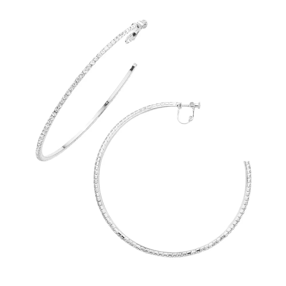 Silver Crystal Rhinestone 3.3 Inch Hoop Clip on Earrings - Jewelry Store by Erik Rayo
