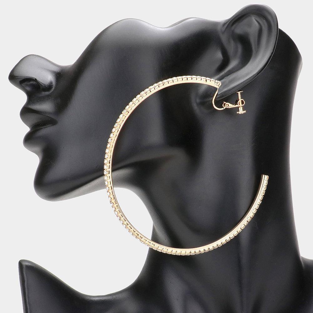Gold Crystal Rhinestone 3.3 Inch Hoop Clip on Earrings - Jewelry Store by Erik Rayo