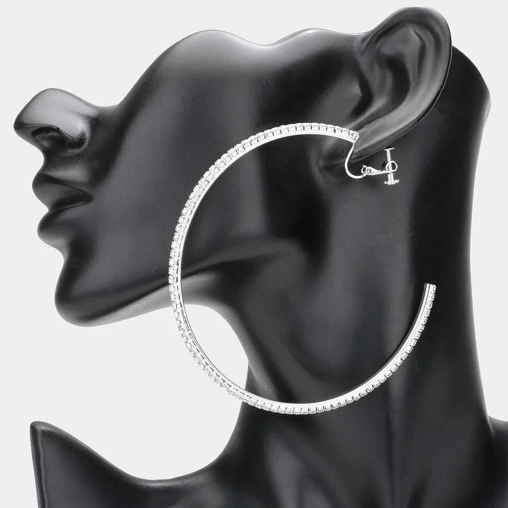 Silver Crystal Rhinestone 3.3 Inch Hoop Clip on Earrings - Jewelry Store by Erik Rayo
