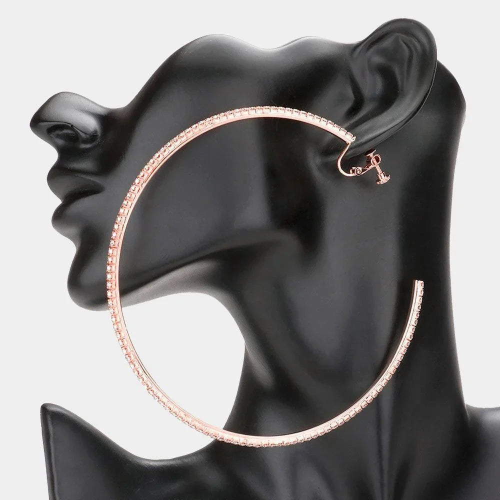Rose Gold 4 inch Rhinestone Hoop Clip on Earrings - Jewelry Store by Erik Rayo