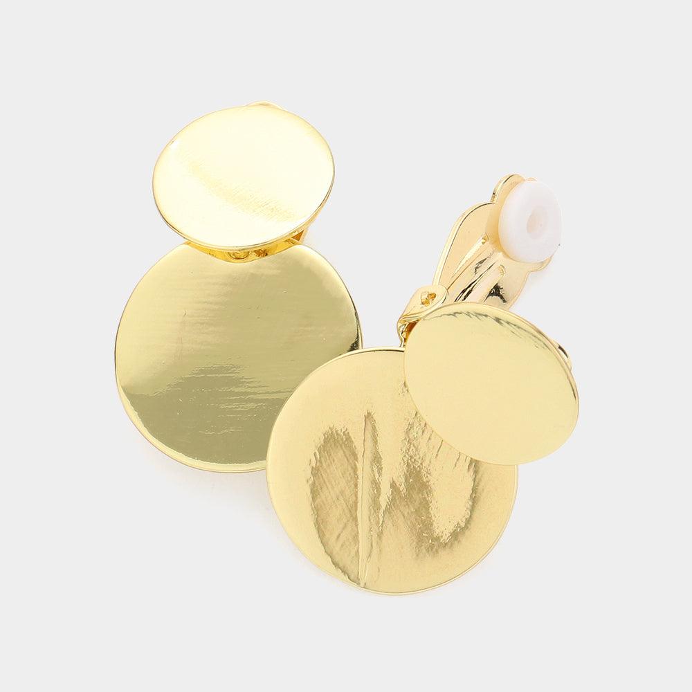 Gold Double Metal Round Link Clip on Earrings