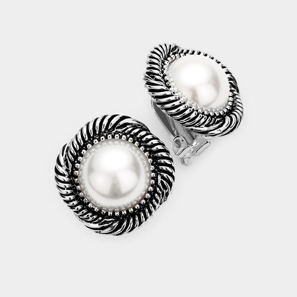 Silver Pearl Metal Trim Clip On Earrings - Jewelry Store by Erik Rayo