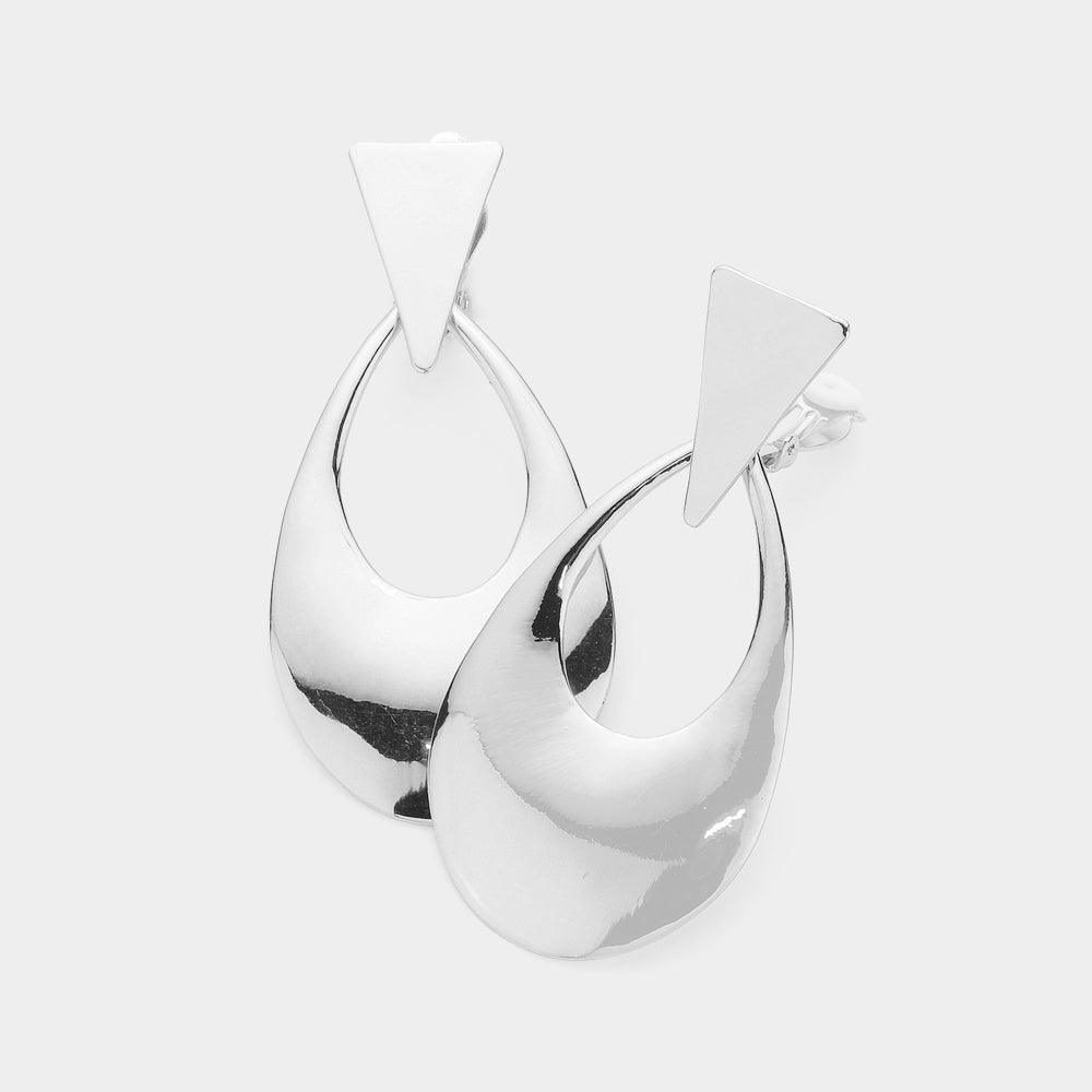Silver Metal Triangle Open Teardrop Dangle Clip on Earrings