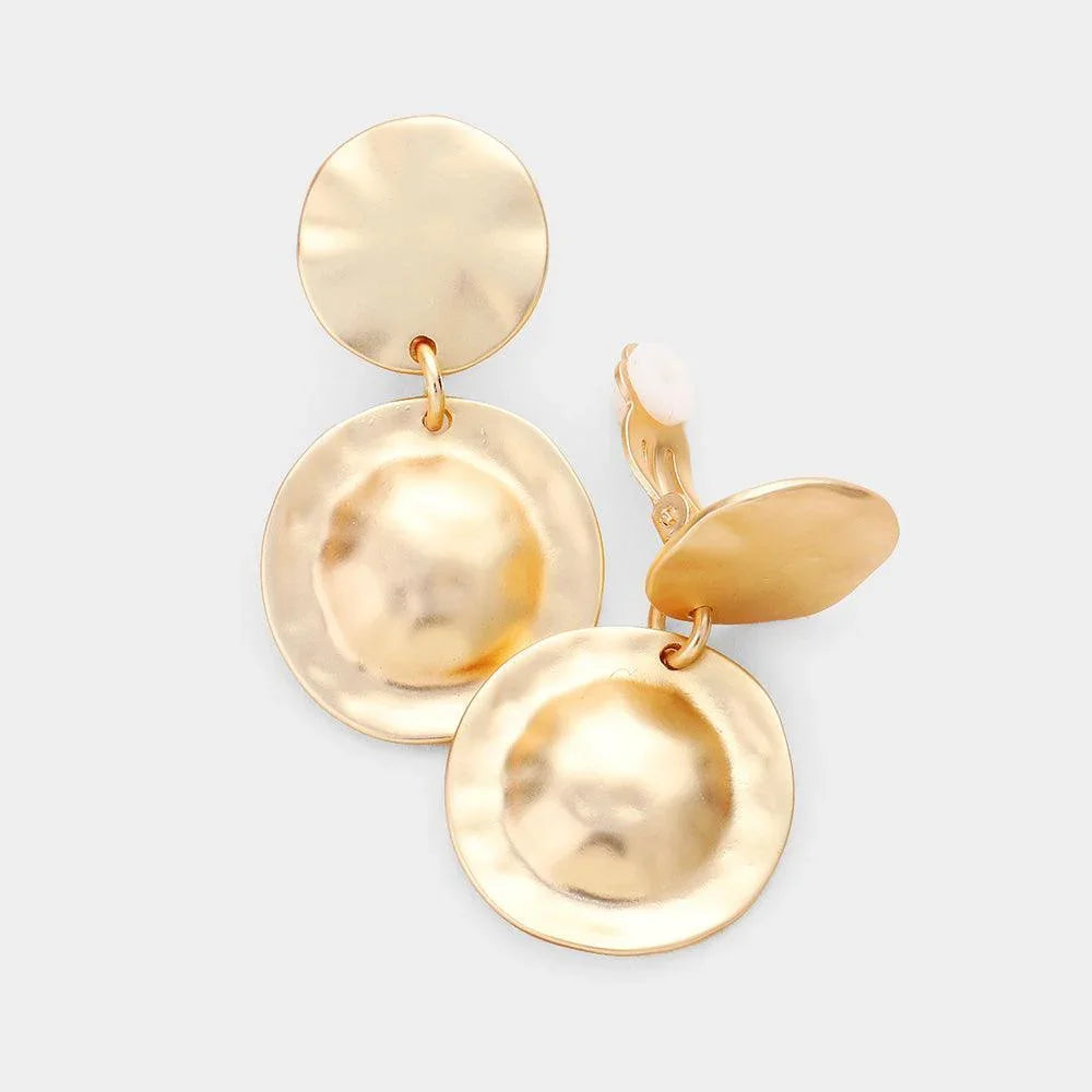 Gold Round Metal Dangle Clip On Earrings - Jewelry Store by Erik Rayo
