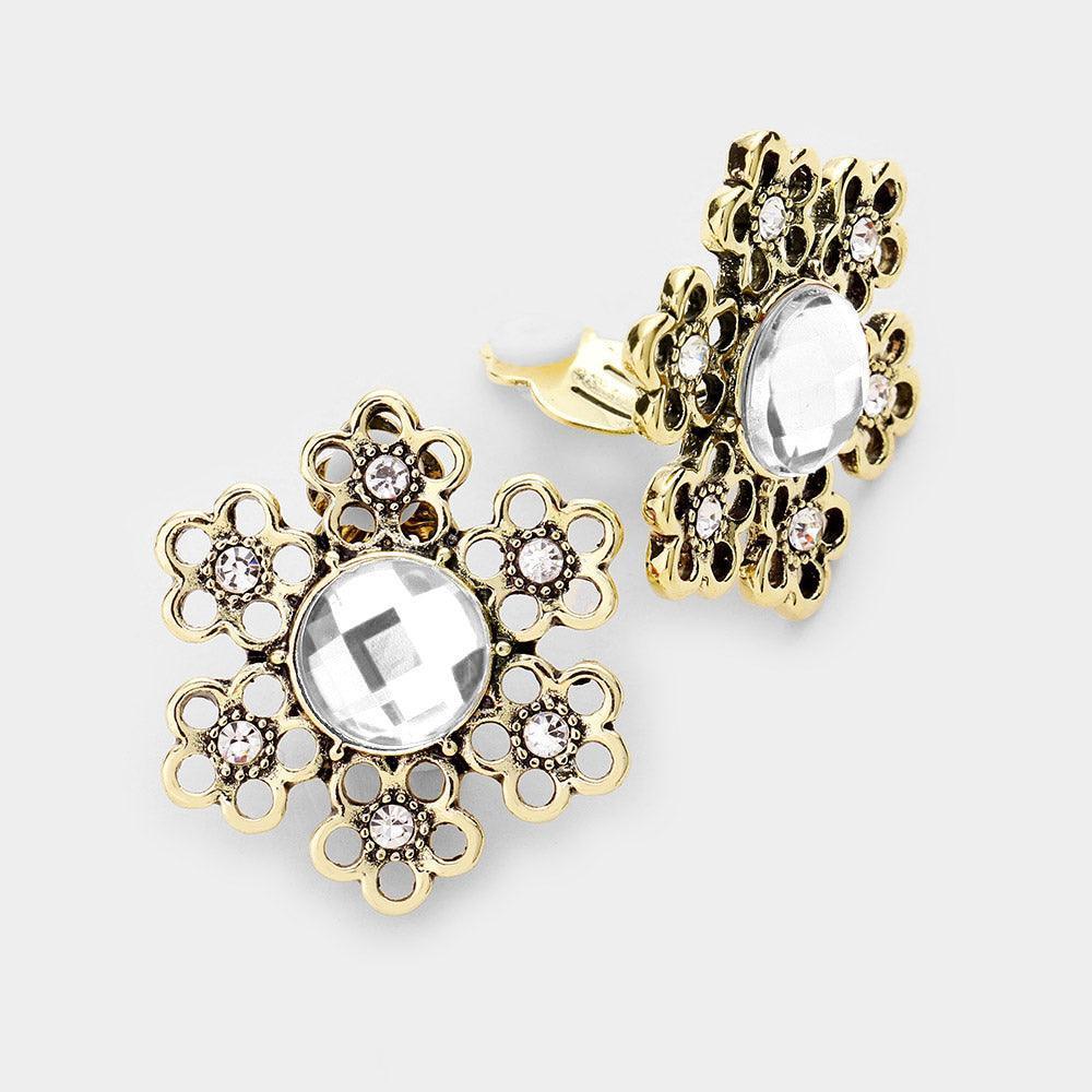 Gold Glass Crystal Flower Cut Out Clip On Earrings - Jewelry Store by Erik Rayo