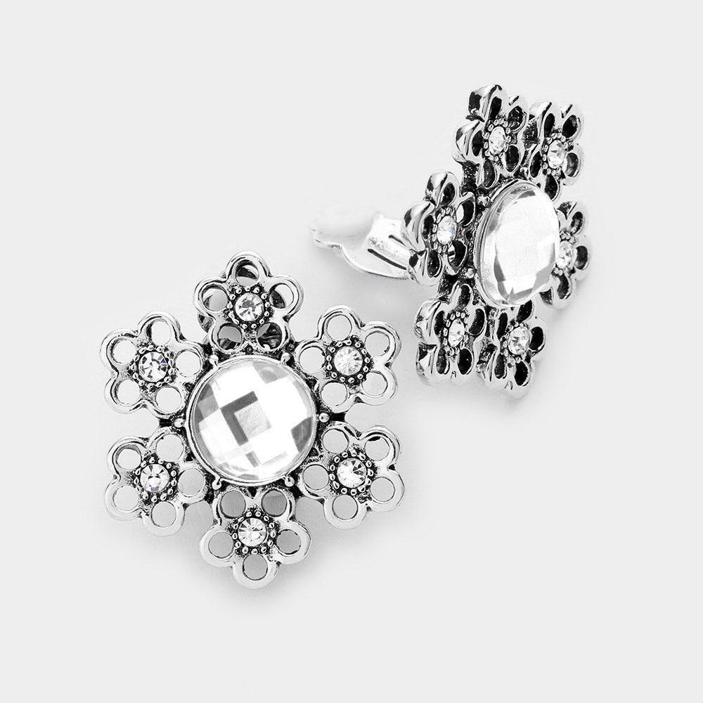 Silver Glass Crystal Flower Cut Out Clip On Earrings - Jewelry Store by Erik Rayo