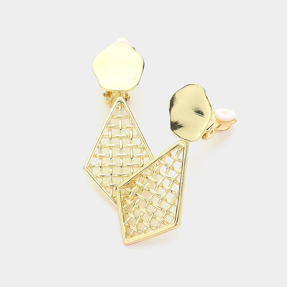 Gold Metal Cutout Diamond Frame Dangle Clip On Earrings