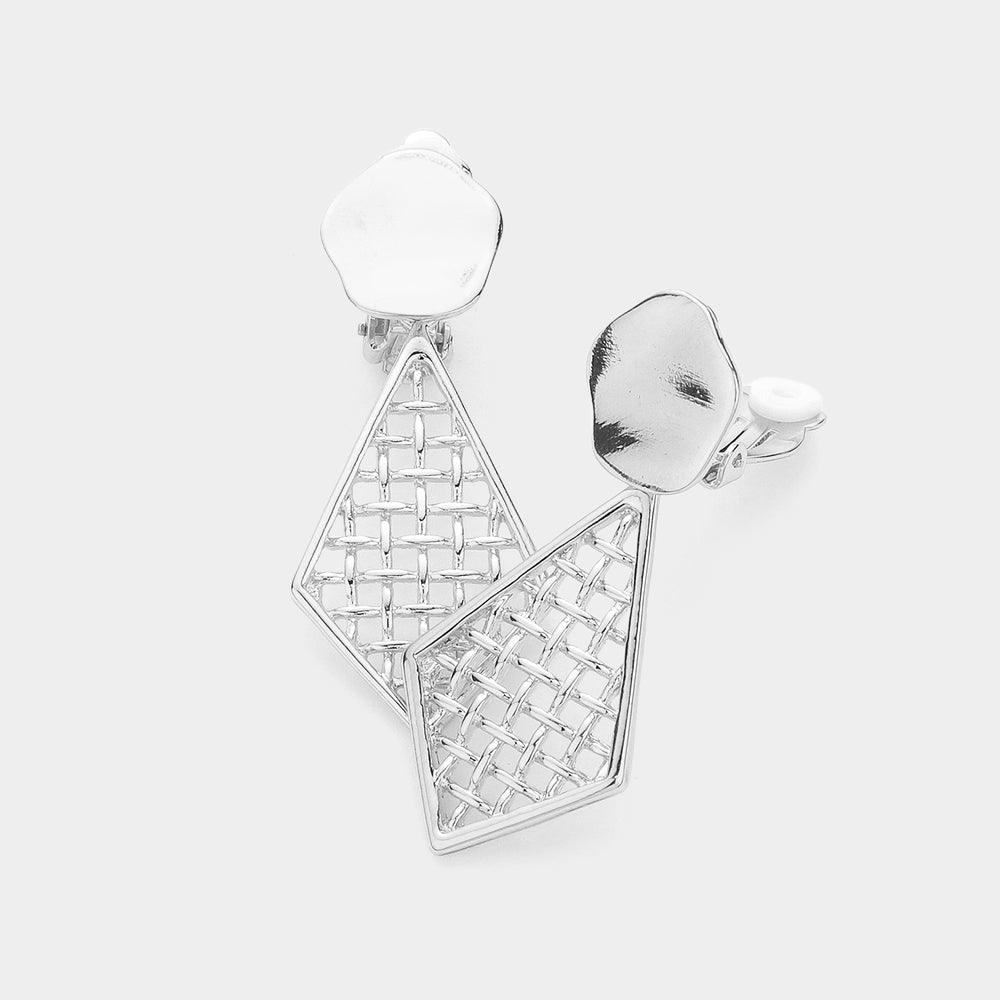 Silver Metal Cutout Diamond Frame Dangle Clip On Earrings