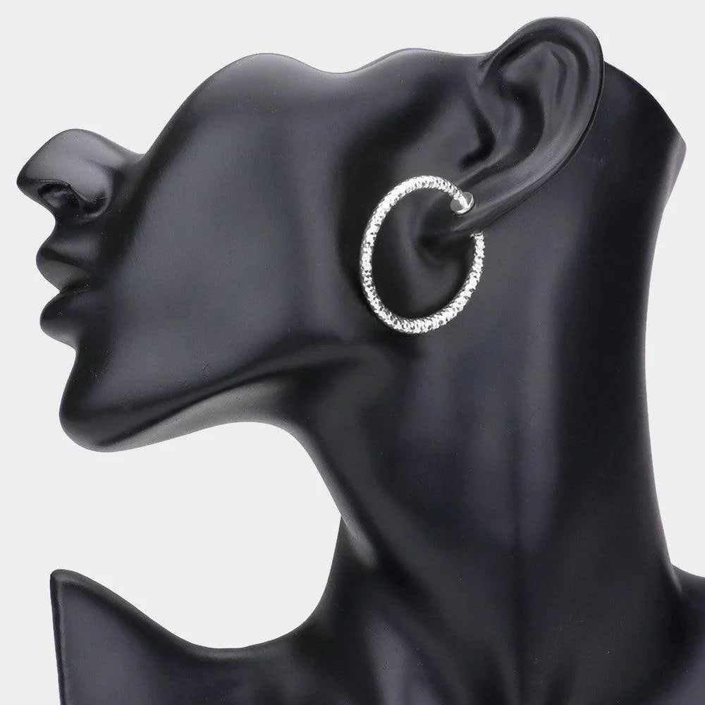 Silver 1.25" Textured Metal Hoop Clip on Earrings - Jewelry Store by Erik Rayo