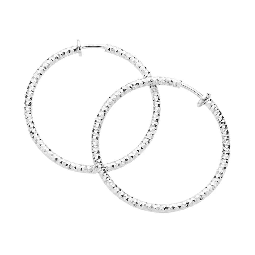 Silver 1.75" Textured Metal Hoop Clip on Earrings - Jewelry Store by Erik Rayo
