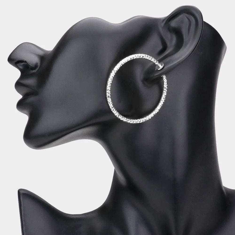 Silver 1.75" Textured Metal Hoop Clip on Earrings - Jewelry Store by Erik Rayo