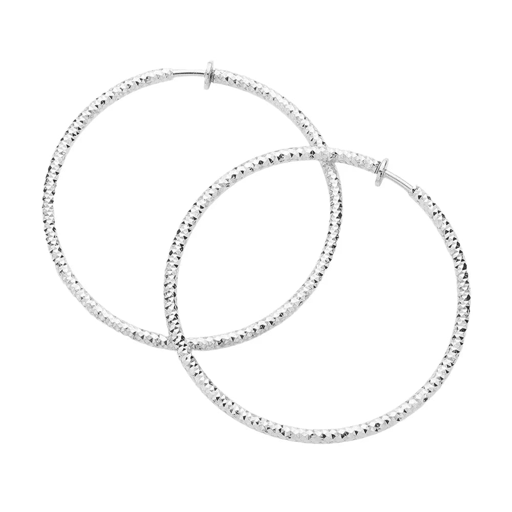 Silver 2.25" Textured Metal Hoop Clip on Earrings - Jewelry Store by Erik Rayo