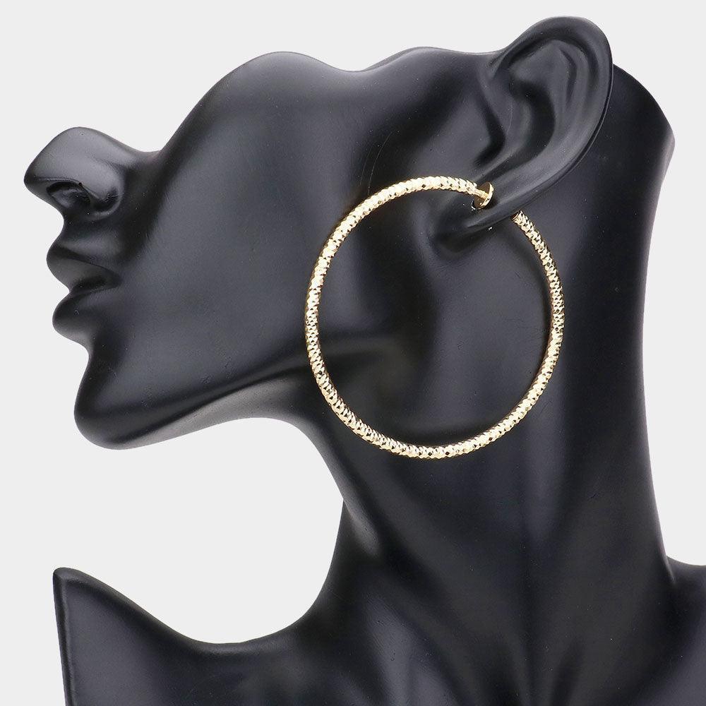 Gold 2.25" Textured Metal Hoop Clip on Earrings - Jewelry Store by Erik Rayo