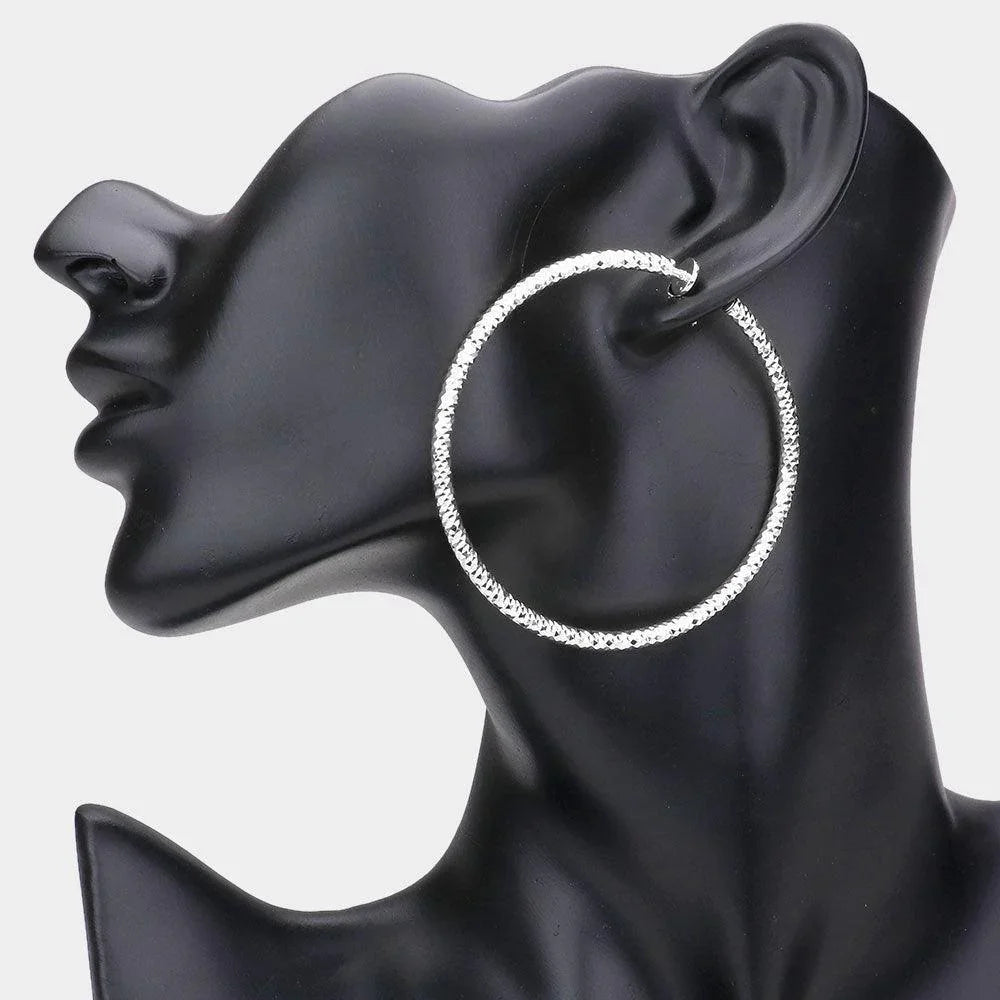 Silver 2.25" Textured Metal Hoop Clip on Earrings - Jewelry Store by Erik Rayo