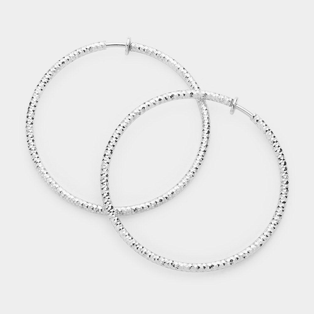 Silver 2.25" Textured Metal Hoop Clip on Earrings - Jewelry Store by Erik Rayo