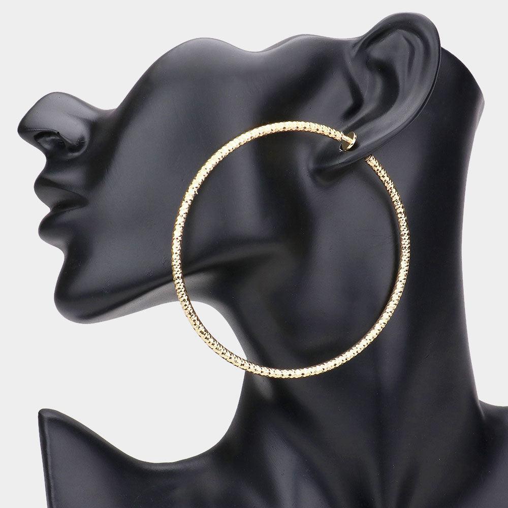 Gold 3.2" Textured Metal Hoop Clip on Earrings - Jewelry Store by Erik Rayo