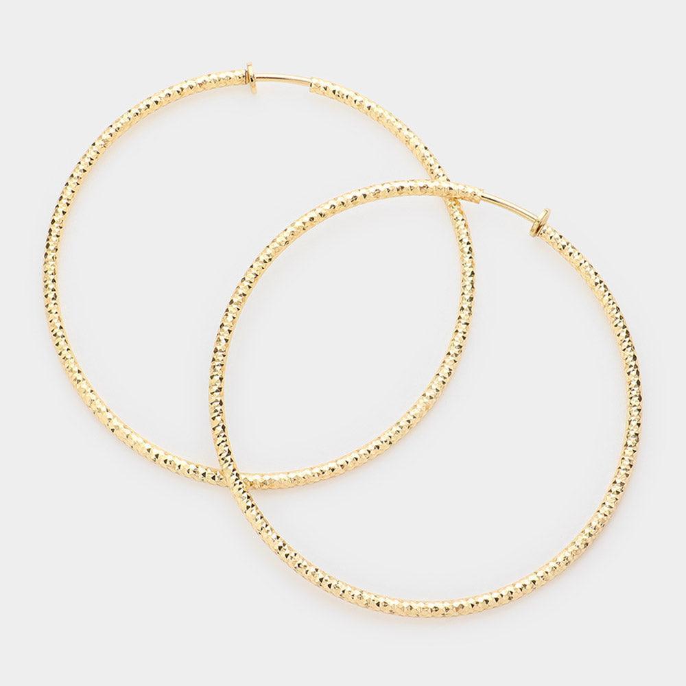 Gold 3.2" Textured Metal Hoop Clip on Earrings - Jewelry Store by Erik Rayo