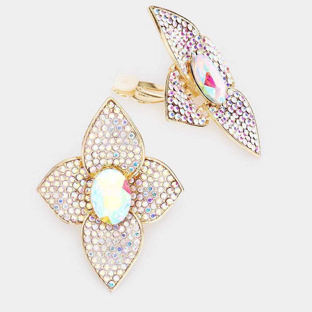 Gold Oval Stone Centered Flower Clip On Evening Earrings - Jewelry Store by Erik Rayo
