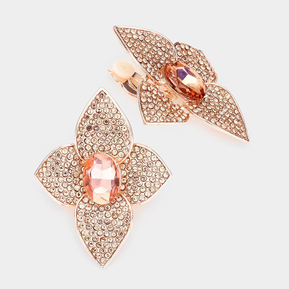 Peach Oval Stone Centered Flower Clip On Evening Earrings - Jewelry Store by Erik Rayo