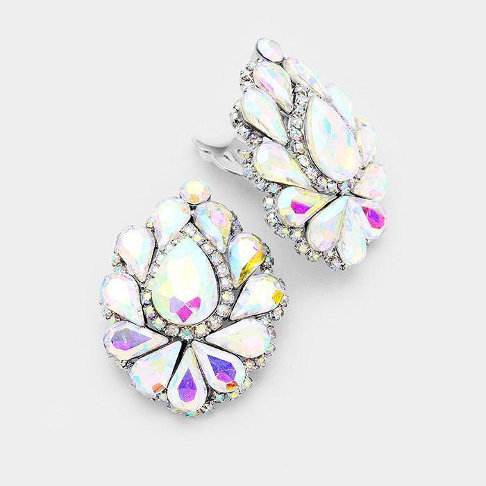 Silver Teardrop Crystal Cluster Clip on Evening Earrings - Jewelry Store by Erik Rayo