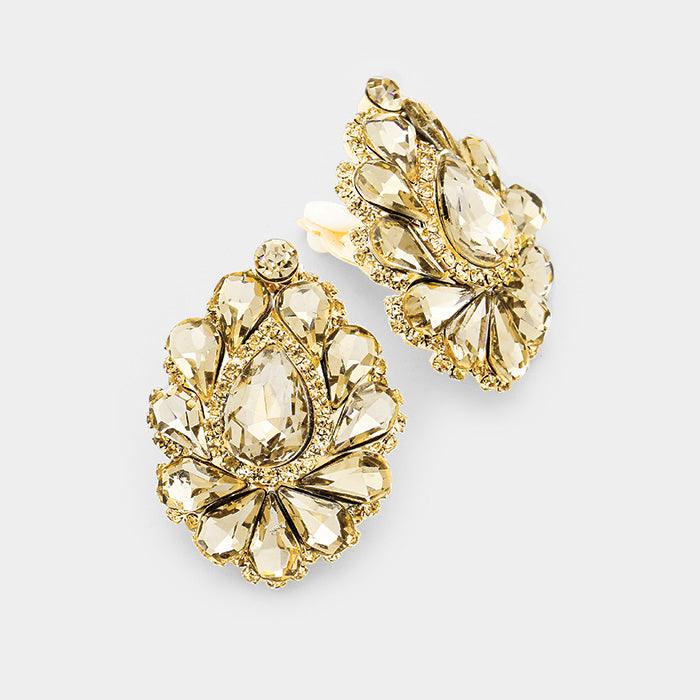 Teardrop Crystal Cluster Clip on Evening Earrings