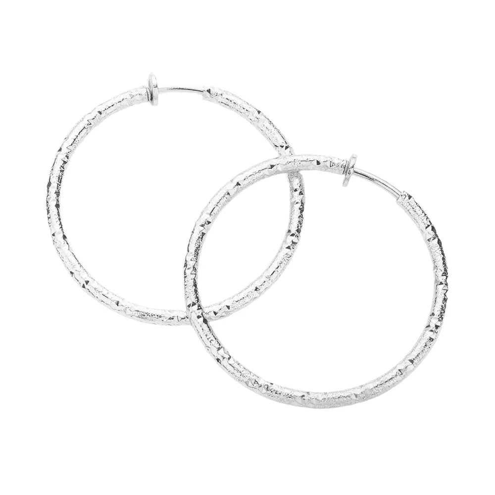 Silver 1.75 Inch Textured Metal Hoop Clip On Earrings - Jewelry Store by Erik Rayo