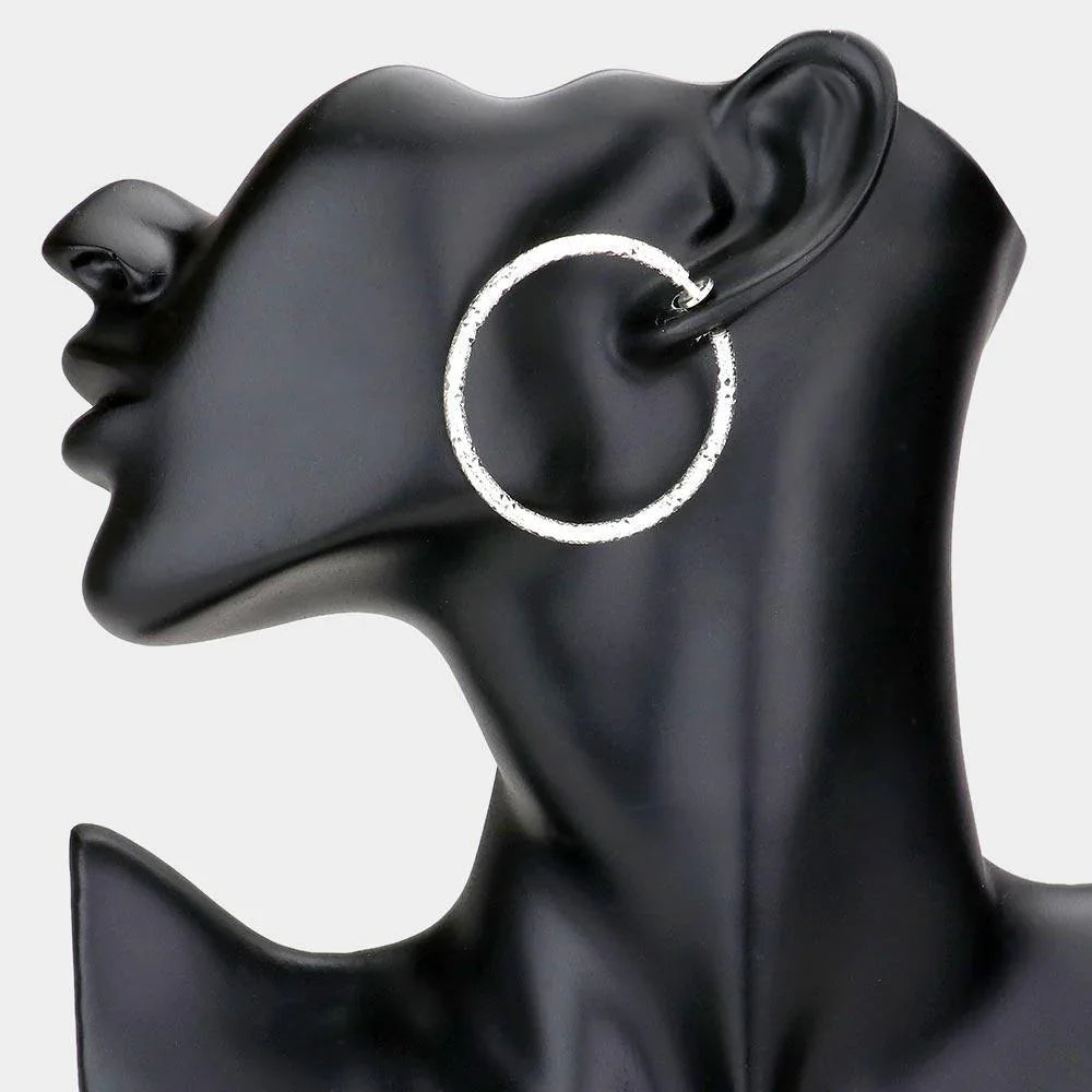 Silver 1.75 Inch Textured Metal Hoop Clip On Earrings - Jewelry Store by Erik Rayo