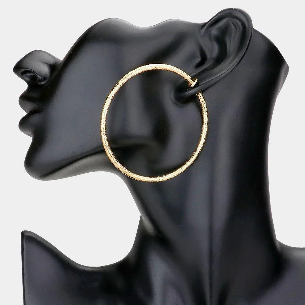 Gold 2.4 Inch Textured Metal Hoop Clip On Earrings - Jewelry Store by Erik Rayo