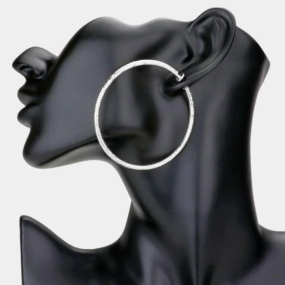 Silver 2.4 Inch Textured Metal Hoop Clip On Earrings - Jewelry Store by Erik Rayo