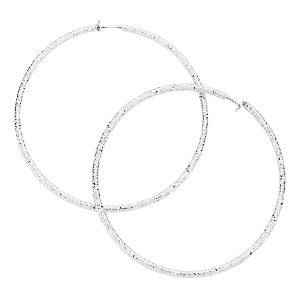Silver 3.2 Inch Textured Metal Hoop Clip On Earrings - Jewelry Store by Erik Rayo