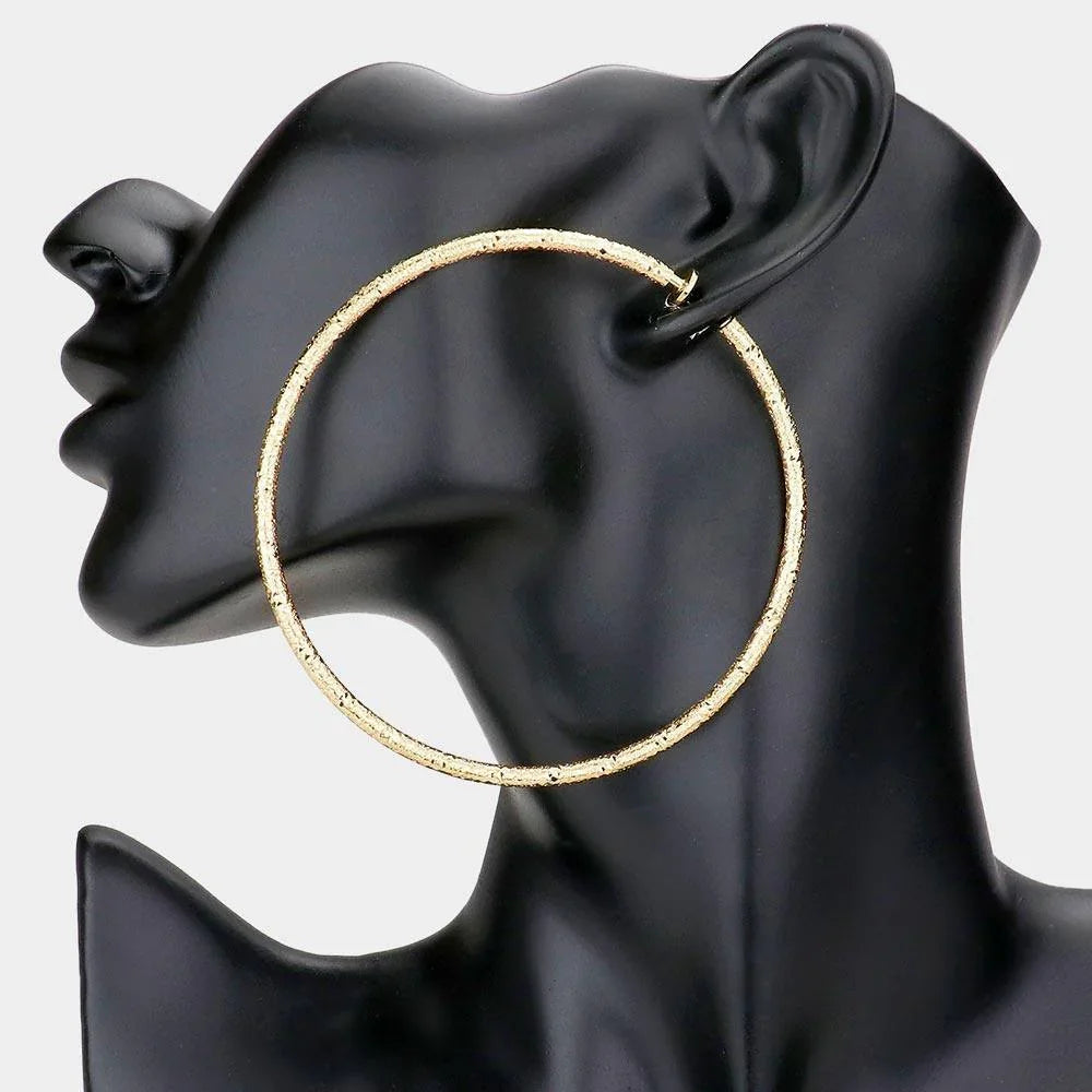 Gold 3.2 Inch Textured Metal Hoop Clip On Earrings - Jewelry Store by Erik Rayo