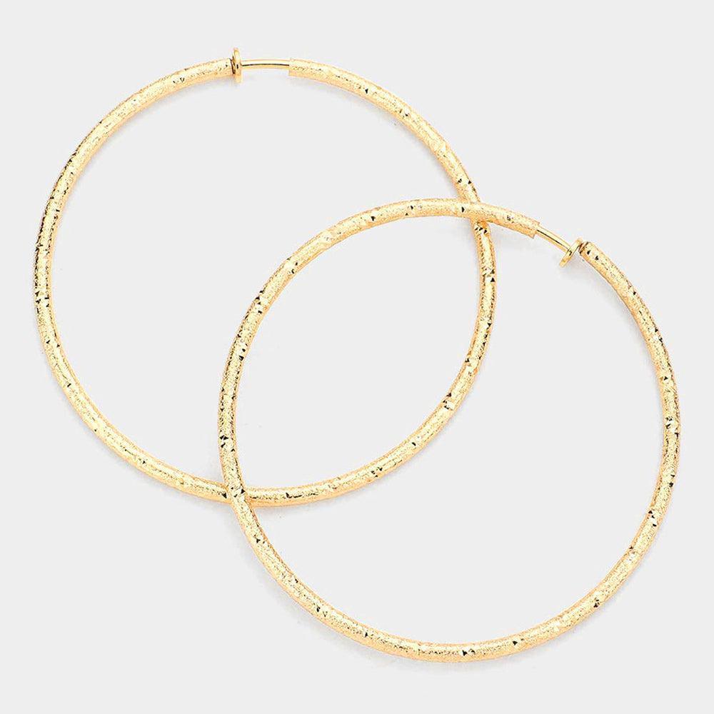 Gold 3.2 Inch Textured Metal Hoop Clip On Earrings - Jewelry Store by Erik Rayo