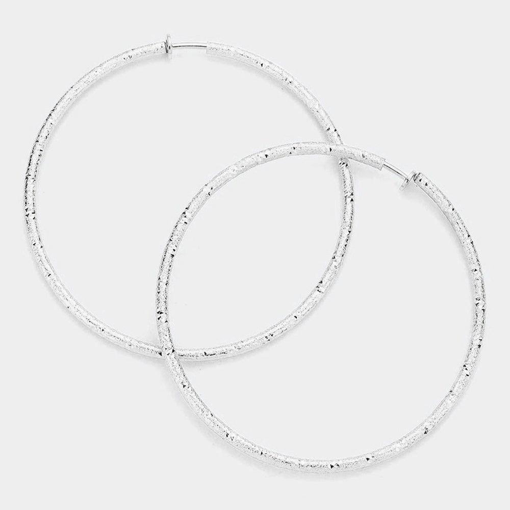 Silver 3.2 Inch Textured Metal Hoop Clip On Earrings - Jewelry Store by Erik Rayo