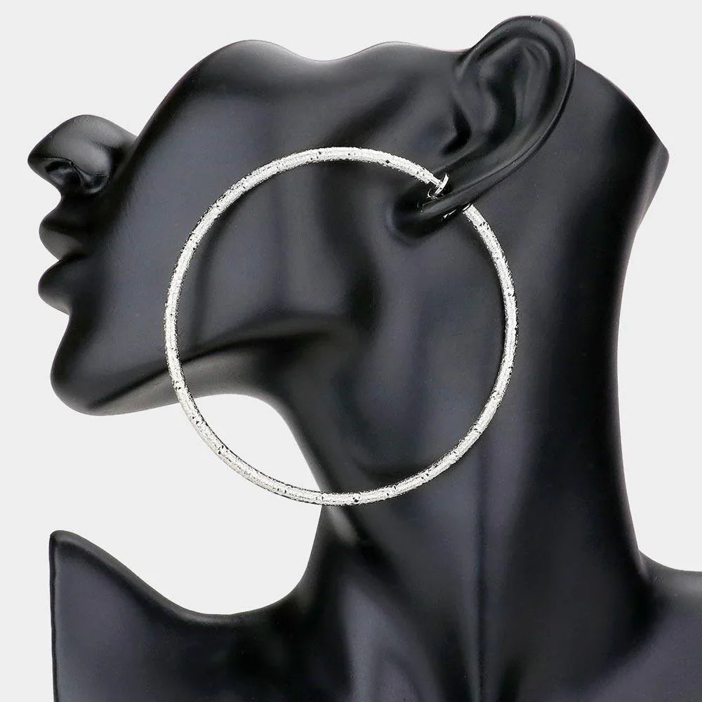 Silver 3.2 Inch Textured Metal Hoop Clip On Earrings - Jewelry Store by Erik Rayo