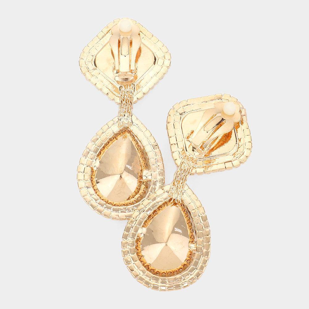 Yellow Square Teardrop Stone Accented Dangle Evening Clip on Earrings - Jewelry Store by Erik Rayo