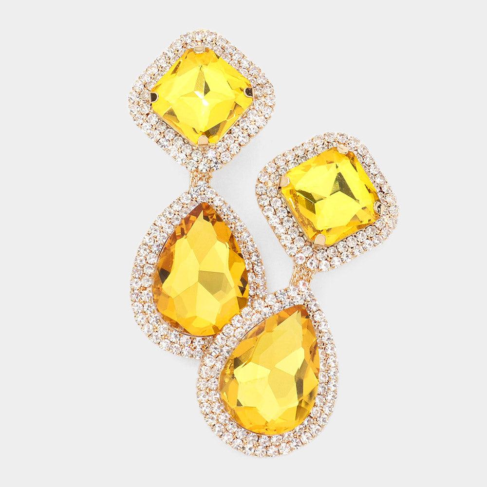 Yellow Square Teardrop Stone Accented Dangle Evening Clip on Earrings