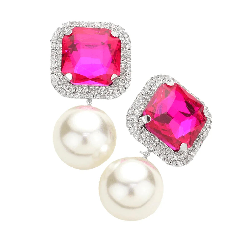 Fuchsia Square Stone Pearl Link Dangle Evening Clip on Earrings - Jewelry Store by Erik Rayo