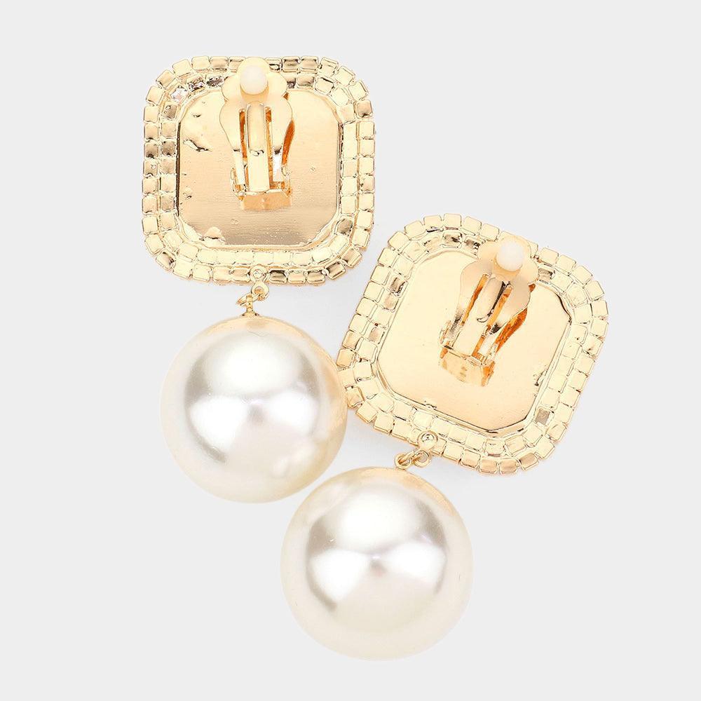Yellow Square Stone Pearl Link Dangle Evening Clip on Earrings - Jewelry Store by Erik Rayo