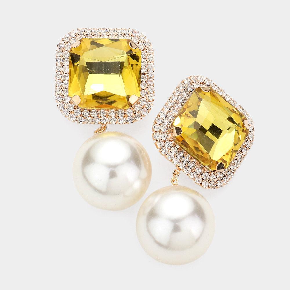 Yellow Square Stone Pearl Link Dangle Evening Clip on Earrings