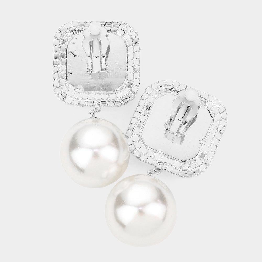 Fuchsia Square Stone Pearl Link Dangle Evening Clip on Earrings - Jewelry Store by Erik Rayo