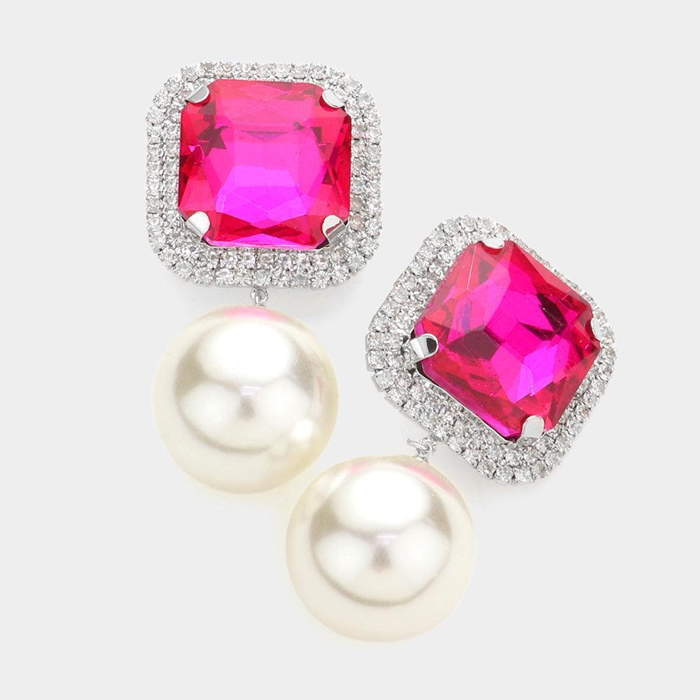 Fuchsia Square Stone Pearl Link Dangle Evening Clip on Earrings - Jewelry Store by Erik Rayo